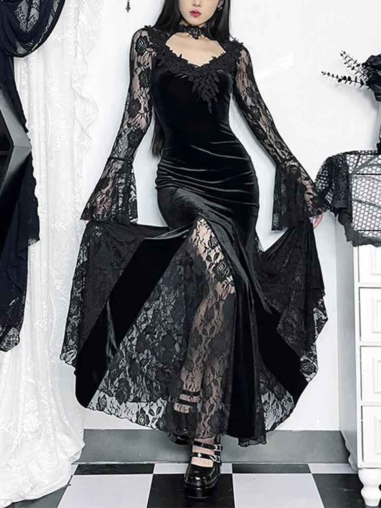 AltGoth Gothic Midi Dress - Elegant Lace Patchwork & Sheer Flare Sleeves, High-Waisted Clubwear for a Stunning Look - Pedlar's Attic
