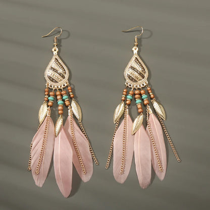 Boho Long Feather Dangle Women's Earrings Beach Long Tassel Beads Handmade Flower Enamel Earrings Bride Wedding Pendientes Mujer