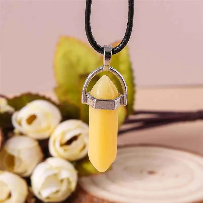 Natural Stone Quartz Lapis Opal Amethyst Pink Crystal Stone Hexagonal Column Pendant Necklaces