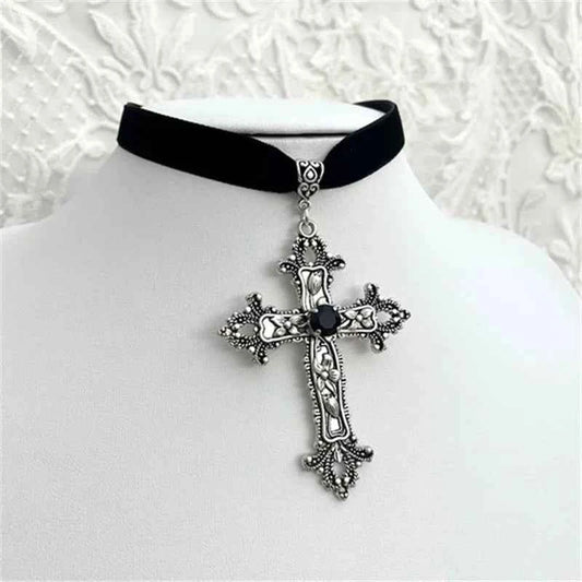 WEN Vintage Antique Silver Color Cross Choker Black Rhinestone Gothic Black Rope Necklace Perfect for Victorian - Themed Gatheri