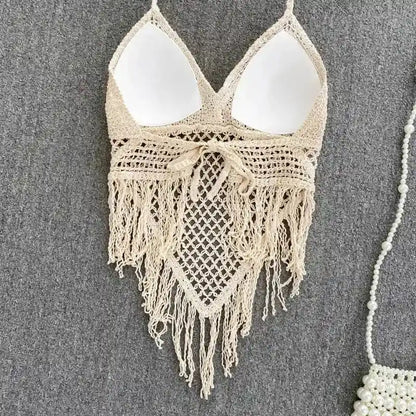 Chelle’s Fringe – Boho Tassel Knit Halter Top