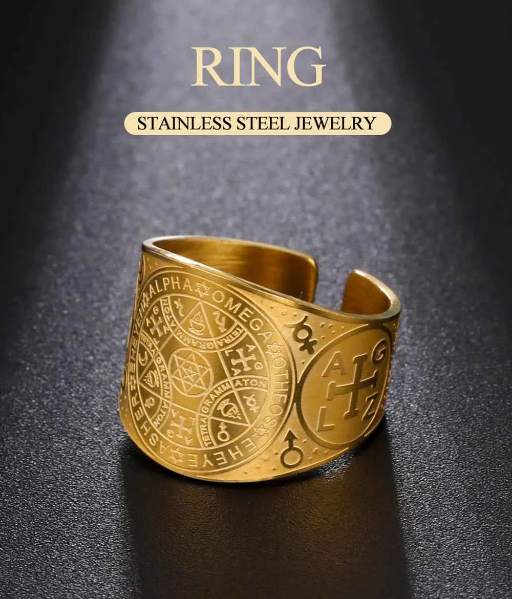 Dawapara Enochian Magic Angel Ring Solomon Kabbalah Protection Amulet Stainless Steel Hexagram Triangle Religious Jewelry