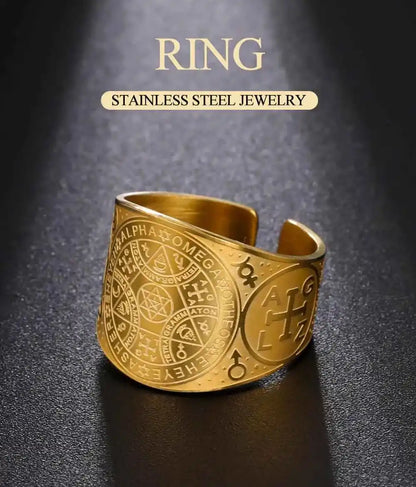 Dawapara Enochian Magic Angel Ring Solomon Kabbalah Protection Amulet Stainless Steel Hexagram Triangle Religious Jewelry - Pedlar's Attic