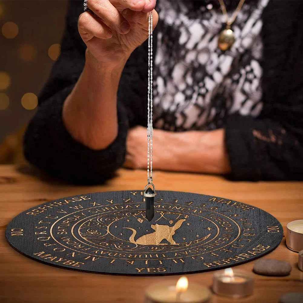 Mystic Moon Spirit Cat Pendulum Board Black Round Magics Meditation Decision Plate Metaphysical Healing Witch Beginners giftware