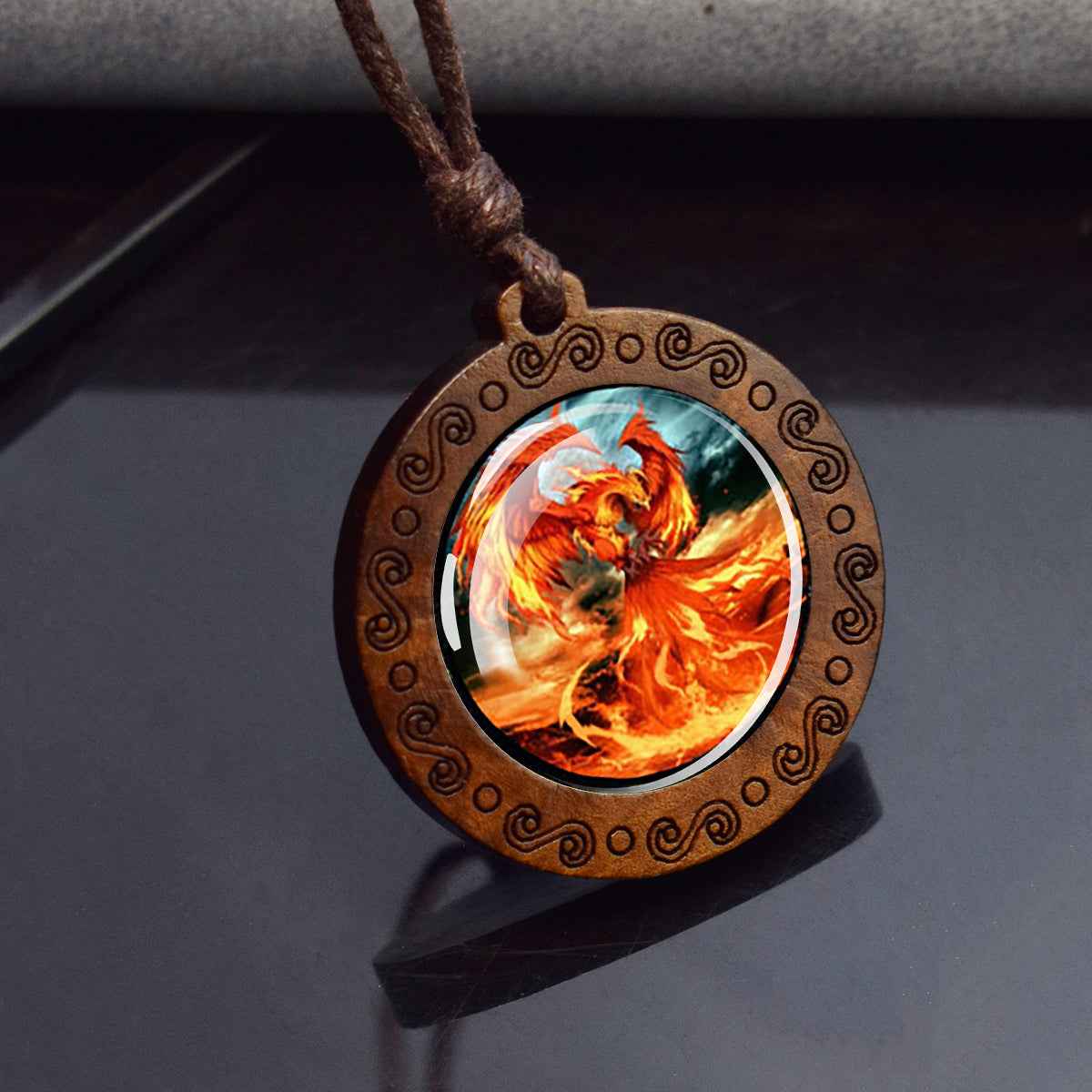Vintage Flaming Phoenix Wooden Pendant Necklace