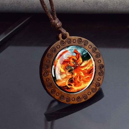 Vintage Flaming Phoenix Wooden Pendant Necklace - Pedlar's Attic