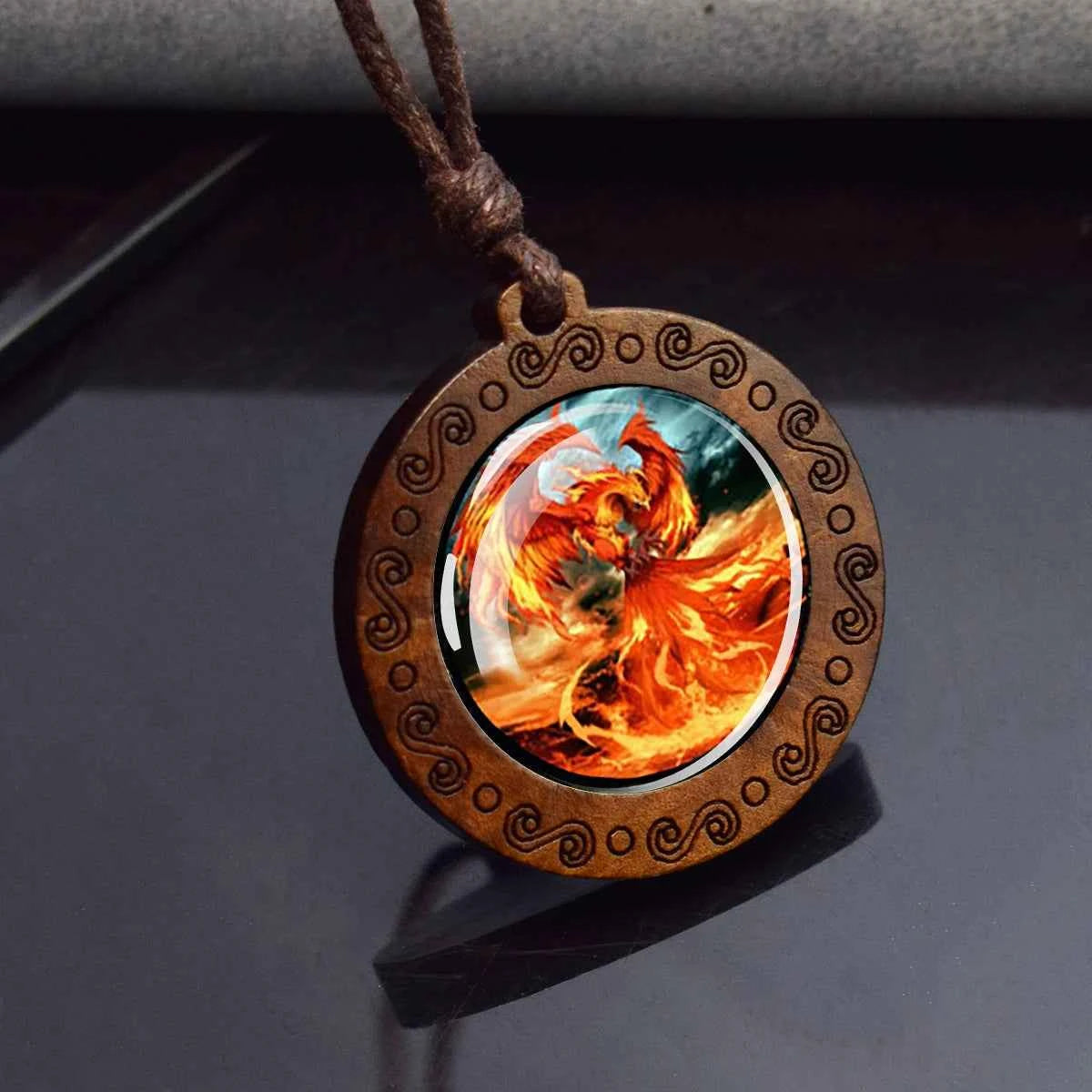 Vintage Flaming Phoenix Wooden Pendant Necklace