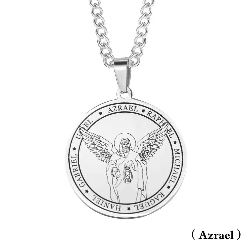 Religious Azrael Gabriel Raphael Uriel Michael Archangel Angel Wing Medal Stainless Steel Pendant Necklace Jewelry
