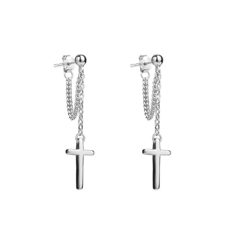 Punk Silver Gothic Cross Drop Earrings - Long Tassel Design for Bold Style | Unisex Jewelry Gift - Pedlar's Attic