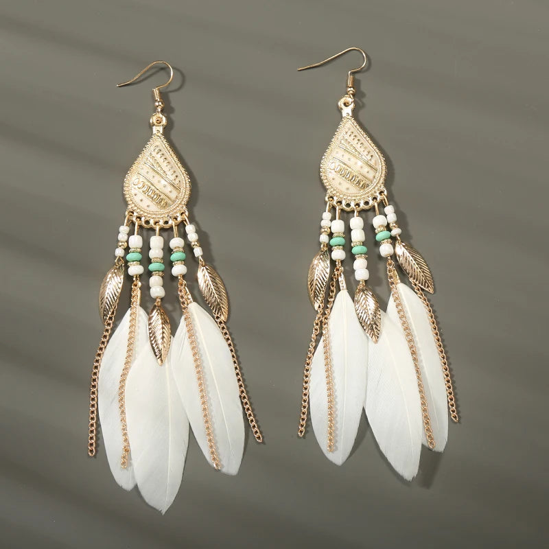 Boho Long Feather Dangle Women's Earrings Beach Long Tassel Beads Handmade Flower Enamel Earrings Bride Wedding Pendientes Mujer