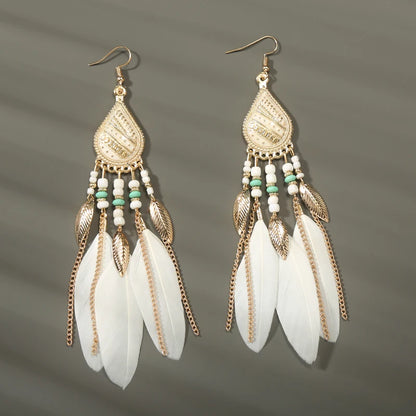 Boho Long Feather Dangle Women's Earrings Beach Long Tassel Beads Handmade Flower Enamel Earrings Bride Wedding Pendientes Mujer