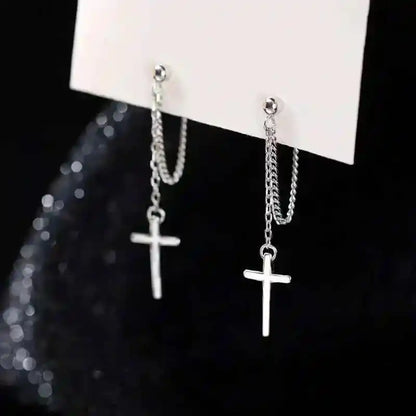 Punk Silver Gothic Cross Drop Earrings - Long Tassel Design for Bold Style | Unisex Jewelry Gift - Pedlar's Attic