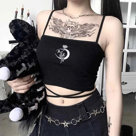 Gothic Women's Print Suspender Sleeveless Square Neck Slim Crop Top