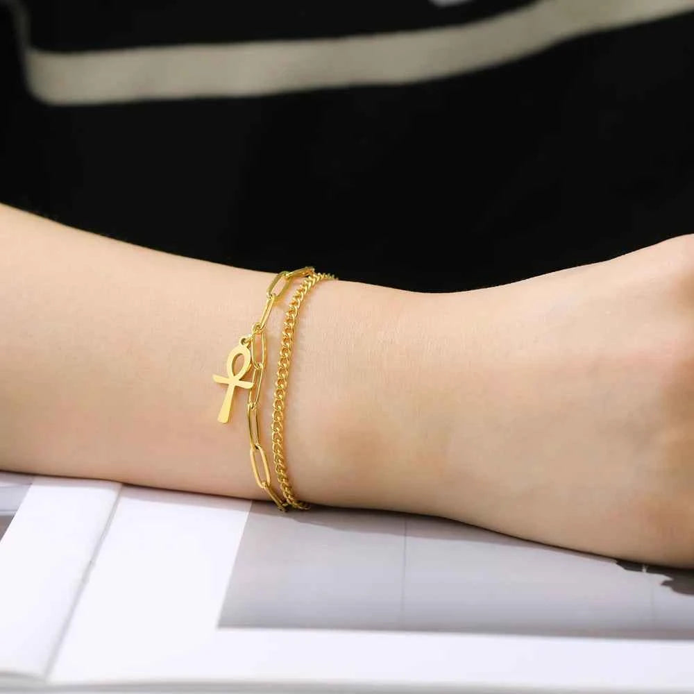 Dawapara Ankh Cross Bracelet Religious Ancient Egyptian Key To Life Prayer Amulet Supernatural Stainless Steel Jewelry