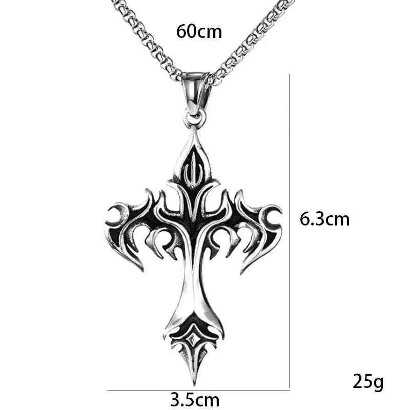 Vintage Flame Cross Pendant 60CM Length Chain Necklace