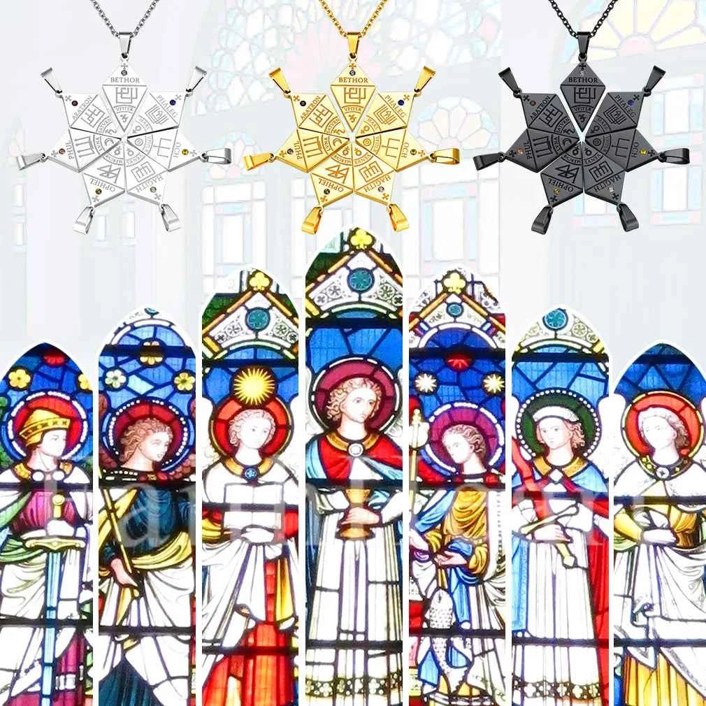 ChainsPro Stainless Steel 7pcs/ Set Seven Archangels Puzzle Necklaces Sigil Talisman Unisex Jewelry Set Gift for BFF Family