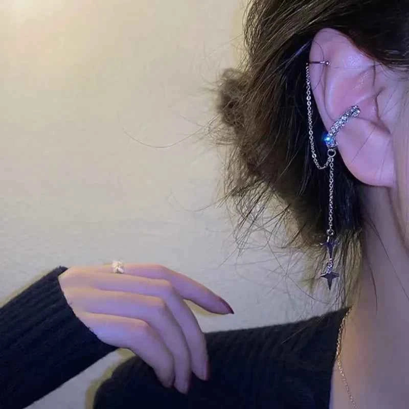 Shiny Silver Crystal Tassel Cuff Earring - Non-Piercing Rhinestone Star Clip-On Jewelry for Women - Pedlar's Attic