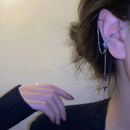 Shiny Silver Crystal Tassel Cuff Earring - Non-Piercing Rhinestone Star Clip-On Jewelry for Women - Pedlar's Attic