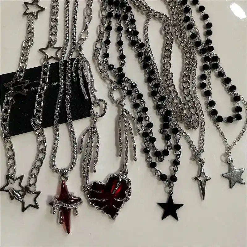 Black Star Cross, Red Heart Pendant, Ghost Claw Choker, Chain Necklace, Goth Vintage Grunge EMO Accessories - Pedlar's Attic
