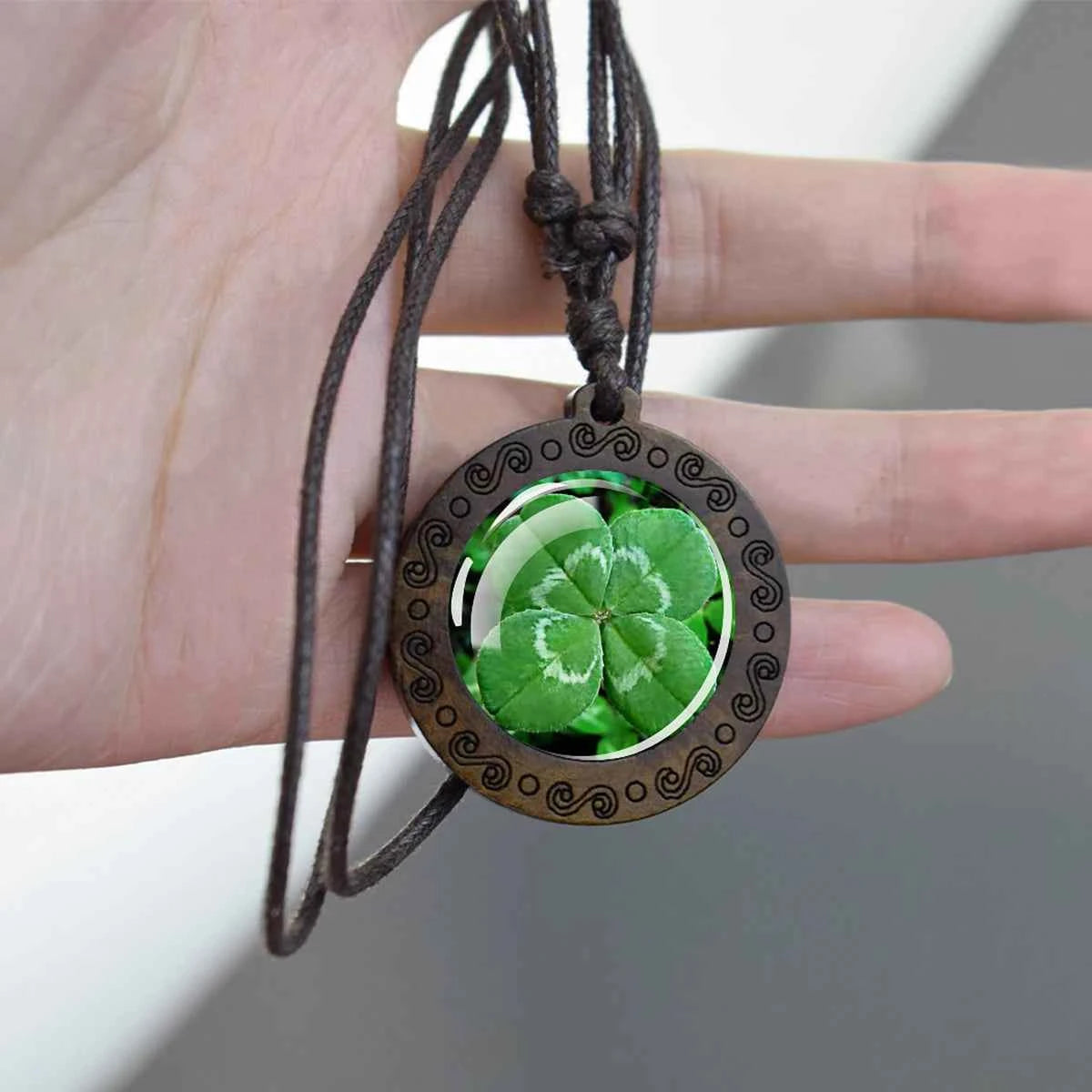 Four Leaf Clover Glass Dome Wooden Pendant Necklace