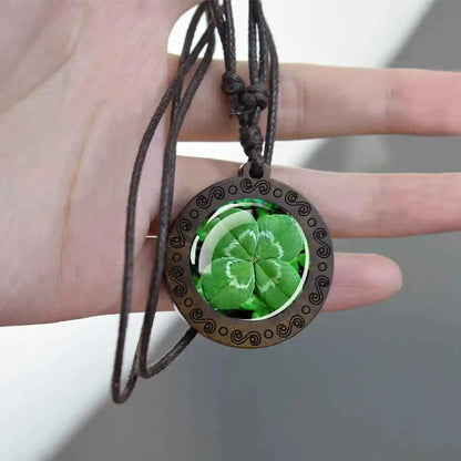 Four Leaf Clover Glass Dome Wooden Pendant Necklace - Pedlar's Attic