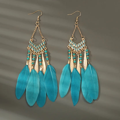 Boho Long Feather Dangle Women's Earrings Beach Long Tassel Beads Handmade Flower Enamel Earrings Bride Wedding Pendientes Mujer
