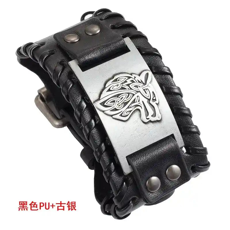 Celtic Wolf Head Braided Leather Bracelet - Nordic Popular Jewelry Retro Viking - Pedlar's Attic