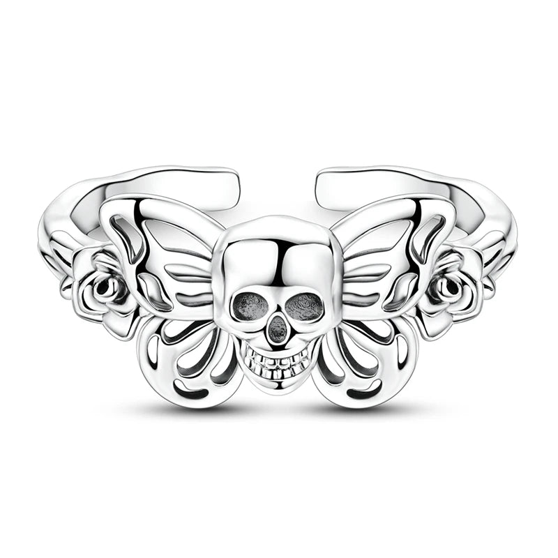 Original 925 Sterling Silver Skull Rose Open Rings For Women Girls Jewelry Birthday Anniversary Gifts