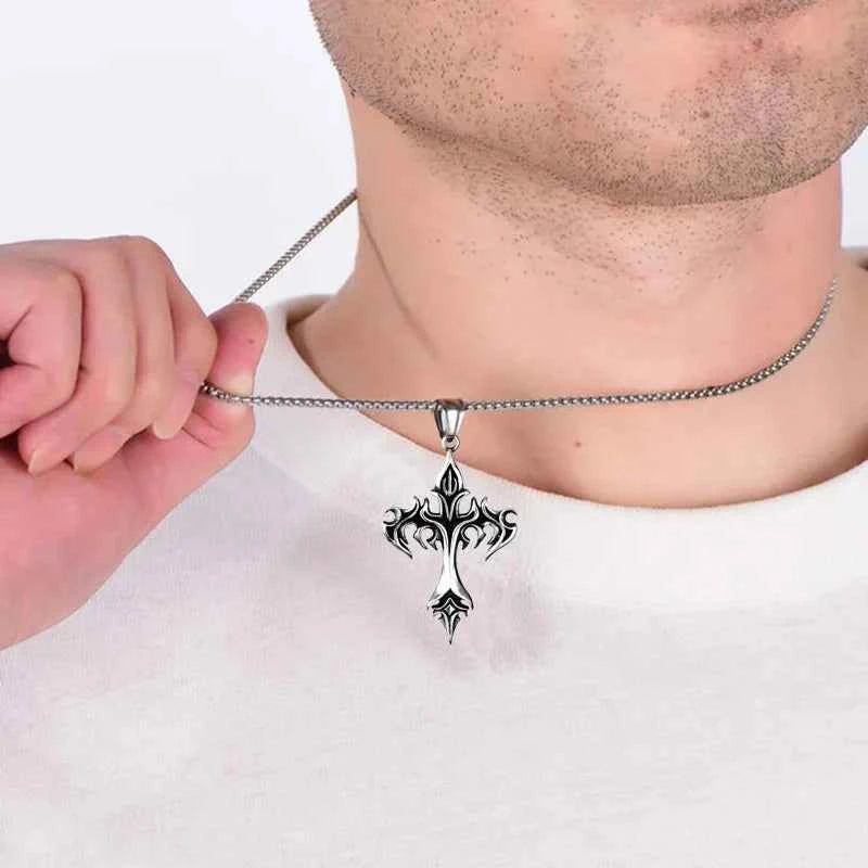 Vintage Flame Cross Pendant 60CM Length Chain Necklace