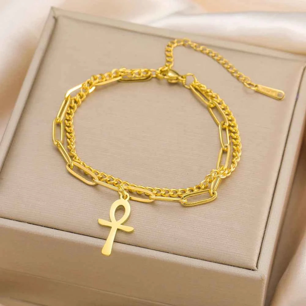 Dawapara Ankh Cross Bracelet Religious Ancient Egyptian Key To Life Prayer Amulet Supernatural Stainless Steel Jewelry