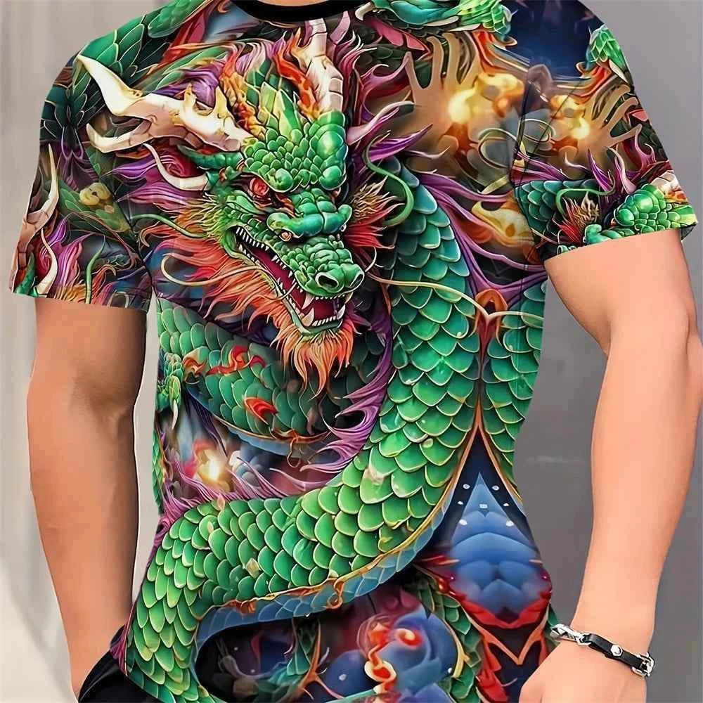 3D Style 4 Roaring Dragon Pattern Round Neck Short Sleeve T Shirt