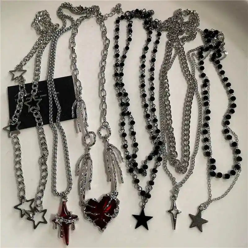 Black Star Cross, Red Heart Pendant, Ghost Claw Choker, Chain Necklace, Goth Vintage Grunge EMO Accessories - Pedlar's Attic