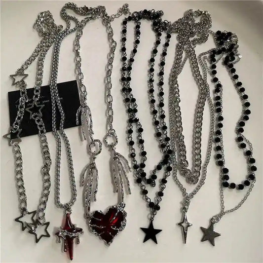 Black Star Cross, Red Heart Pendant, Ghost Claw Choker, Chain Necklace, Goth Vintage Grunge EMO Accessories - Pedlar's Attic