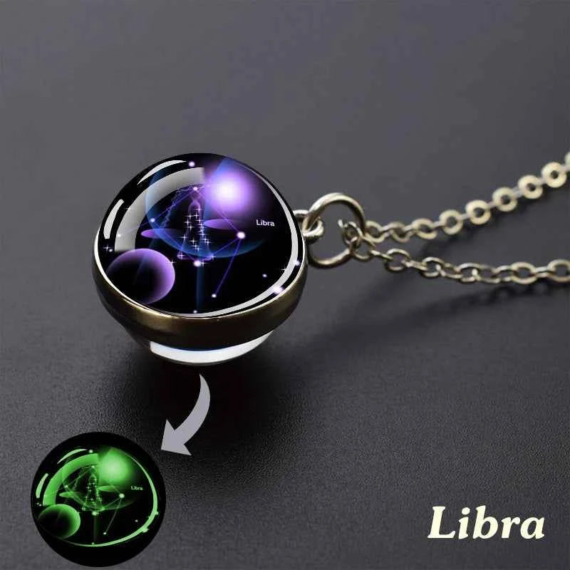 12 Constellation Necklace Starry Sky Luminous Zodiac Glass Ball Pendant Necklace Christmas Gift for Men Women