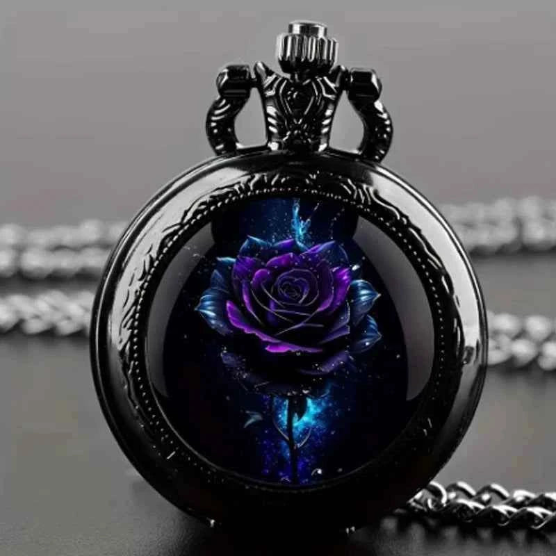 Retro Black Rose Quartz Pocket Watch