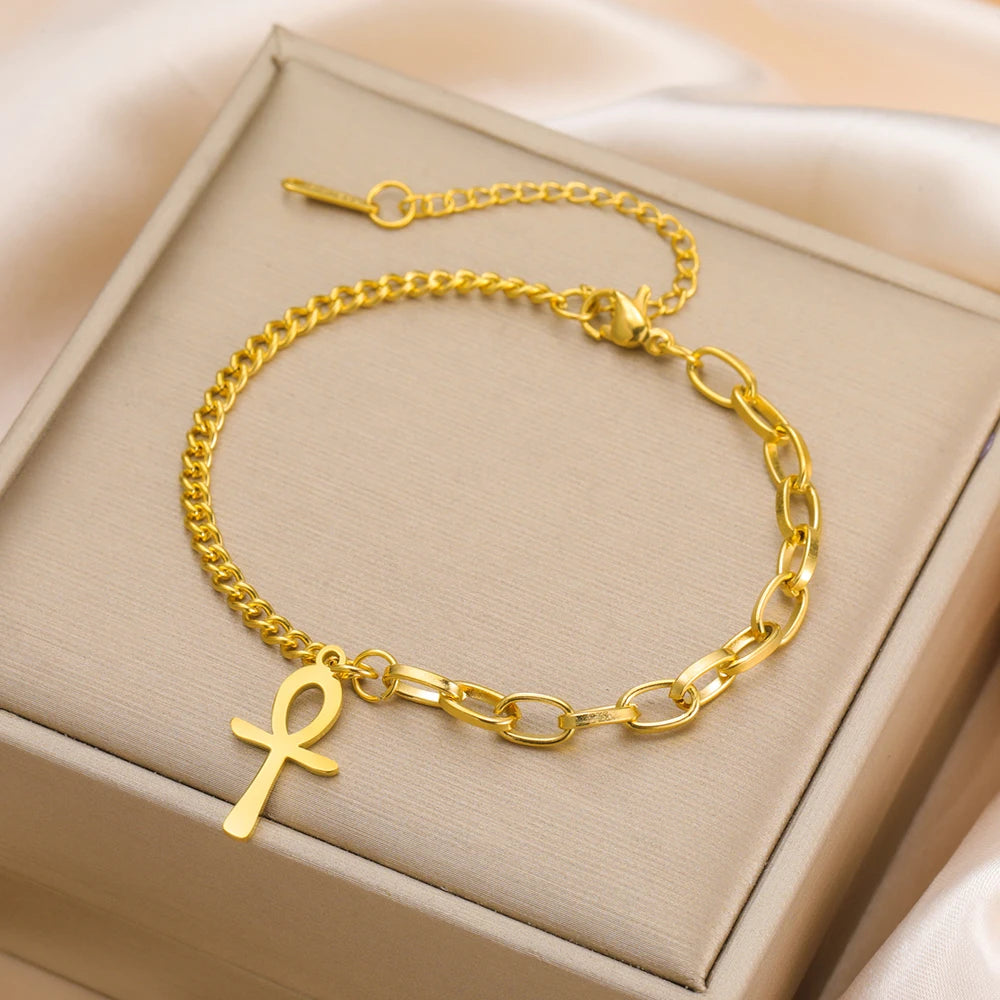 Dawapara Ankh Cross Bracelet Religious Ancient Egyptian Key To Life Prayer Amulet Supernatural Stainless Steel Jewelry - Pedlar's Attic
