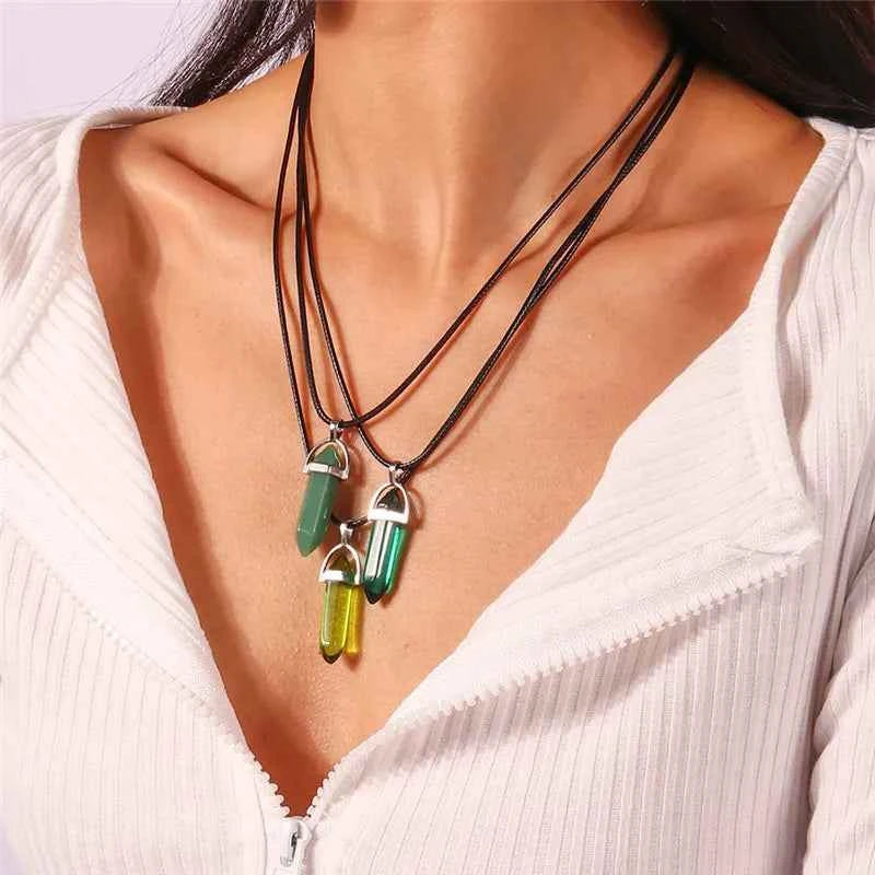 Natural Stone Quartz Lapis Opal Amethyst Pink Crystal Stone Hexagonal Column Pendant Necklaces