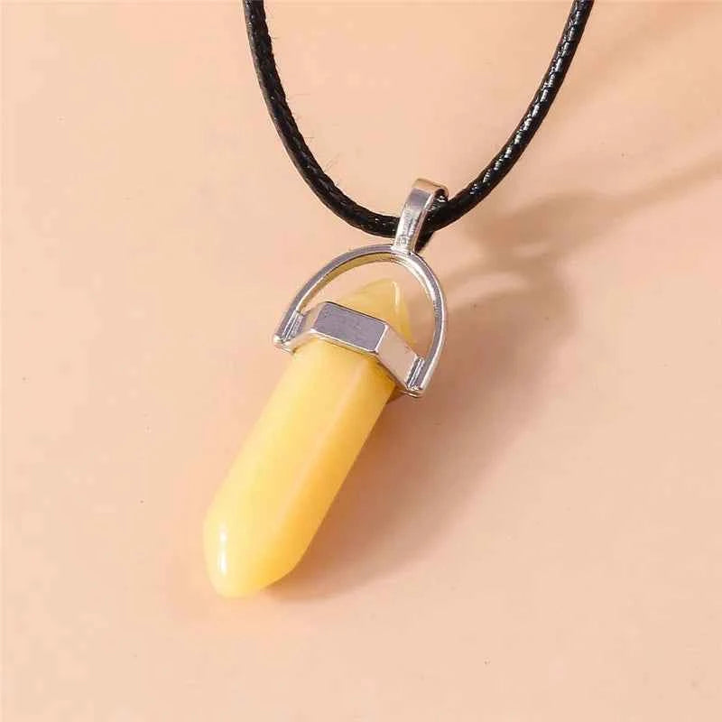 Natural Stone Quartz Lapis Opal Amethyst Pink Crystal Stone Hexagonal Column Pendant Necklaces