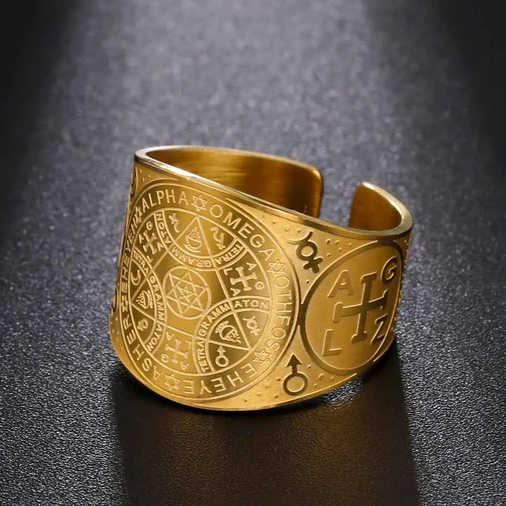 Dawapara Enochian Magic Angel Ring Solomon Kabbalah Protection Amulet Stainless Steel Hexagram Triangle Religious Jewelry
