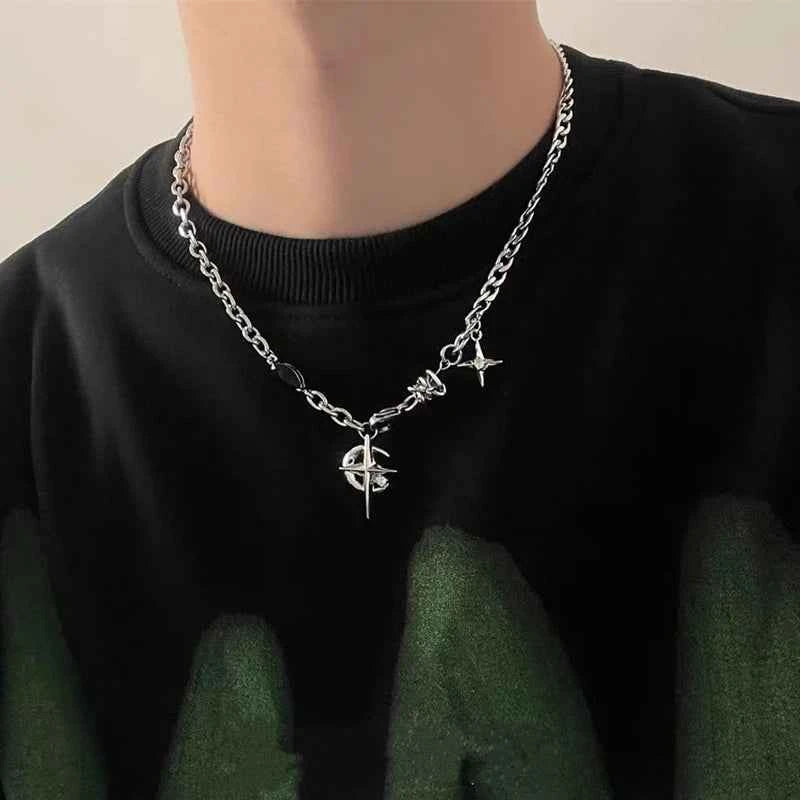 JWER Y2K Cuban Figaro Chain Necklace with Star & Moon Pendant - Punk Black Zircon Choker for Men - Pedlar's Attic