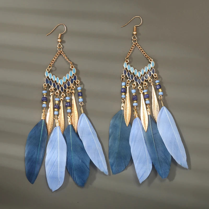 Boho Long Feather Dangle Women's Earrings Beach Long Tassel Beads Handmade Flower Enamel Earrings Bride Wedding Pendientes Mujer