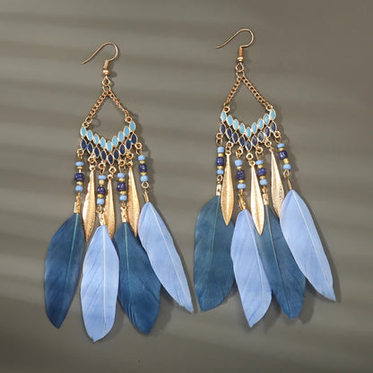 Boho Long Feather Dangle Women's Earrings Beach Long Tassel Beads Handmade Flower Enamel Earrings Bride Wedding Pendientes Mujer