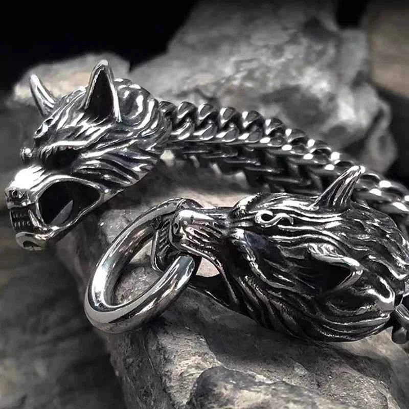 Stainless Steel Nordic Double Wolf Head Bracelet