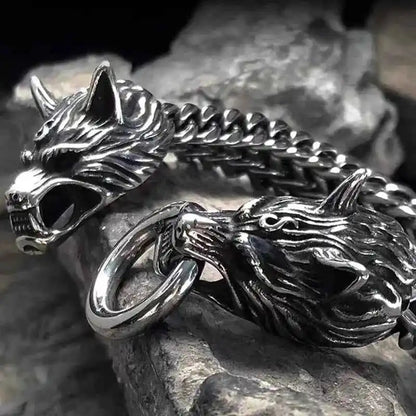 Stainless Steel Nordic Double Wolf Head Bracelet - Pedlar's Attic