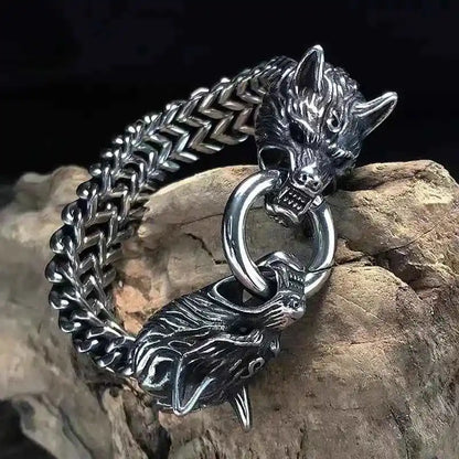 Stainless Steel Nordic Double Wolf Head Bracelet - Pedlar's Attic