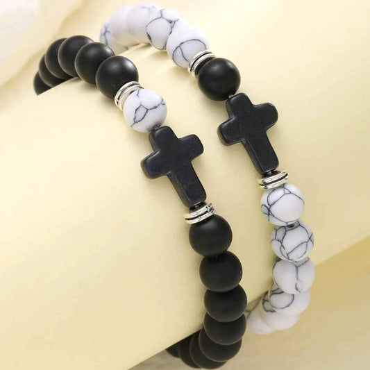 Cross-Border New Trendy Black Cross Black and White Bead Chain Bracelet Set Two-Piece Set Unique Niche Style Jewelry