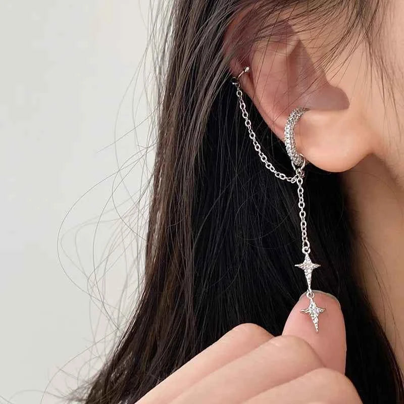 Shiny Silver Crystal Tassel Cuff Earring - Non-Piercing Rhinestone Star Clip-On Jewelry for Women - Pedlar's Attic