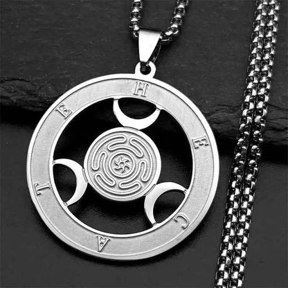 Triple Moon Goddness Hekate Wheel Stainless Steel Pendant Necklace - Pedlar's Attic