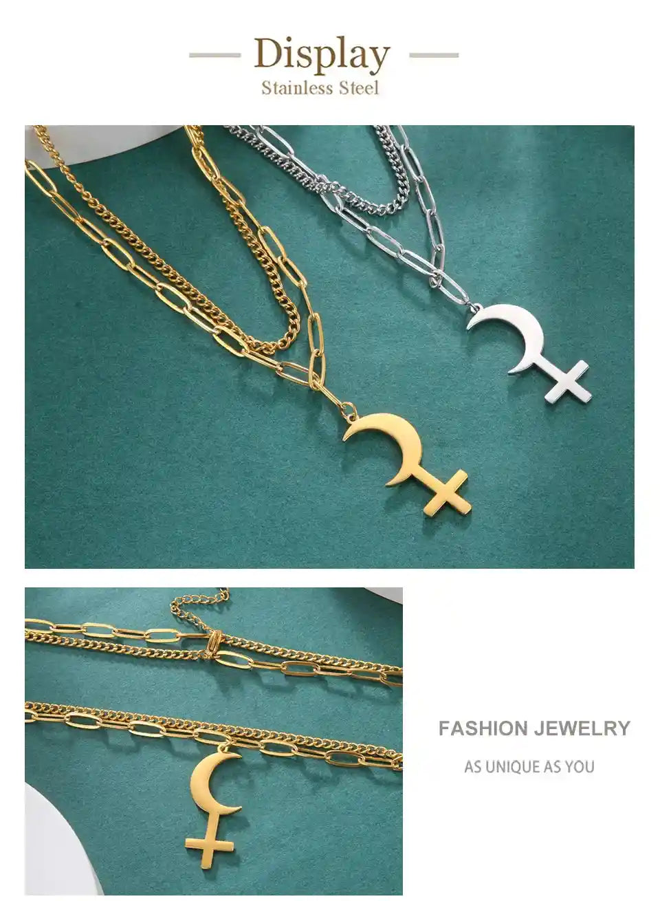 Vintage Black Moon Lilith Pendant Necklace Crescent Moon Cross Double Layer Necklace - Pedlar's Attic