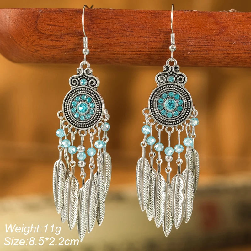 Blue Fashion Boho Temperament Water Drop Feather Earrings for Women Long Crystal Rhinestone Drop Oil Dangle Earring Jewelry
